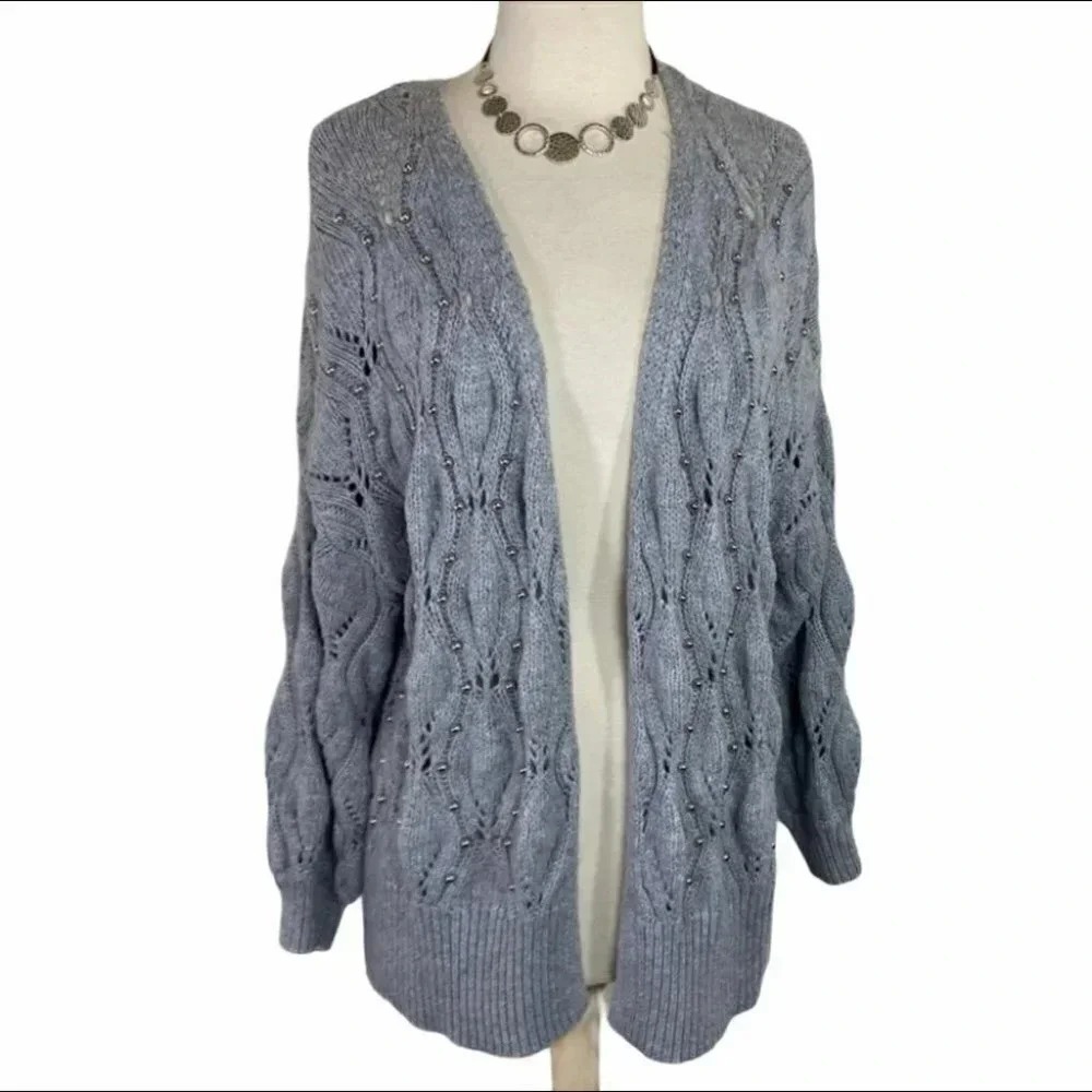 A New Day Gray Knit Cardigan Open Front Sweater with Silver Embellishments